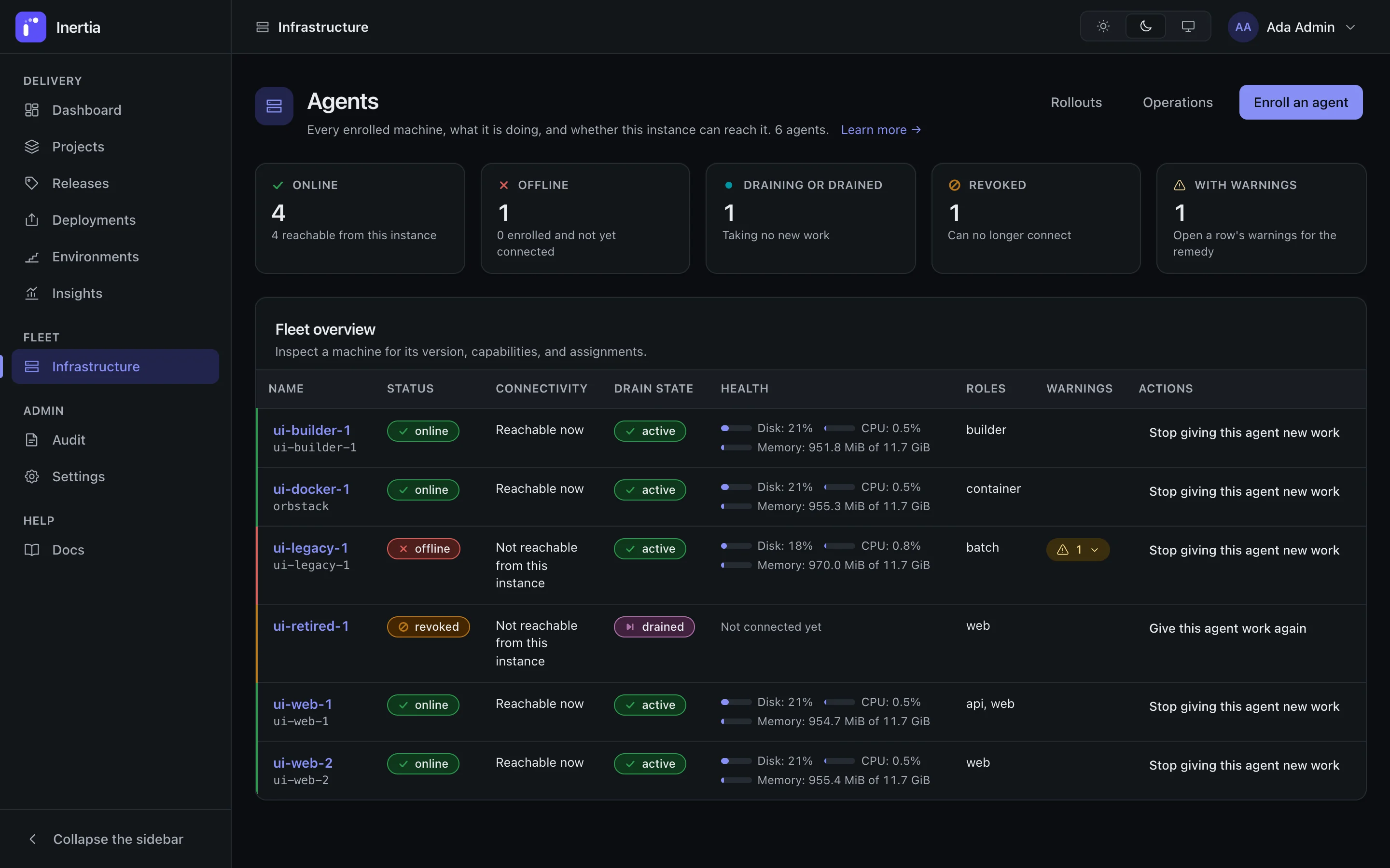 Inertia agent fleet: status, connectivity, drain state, host health, roles and warnings for every enrolled machine