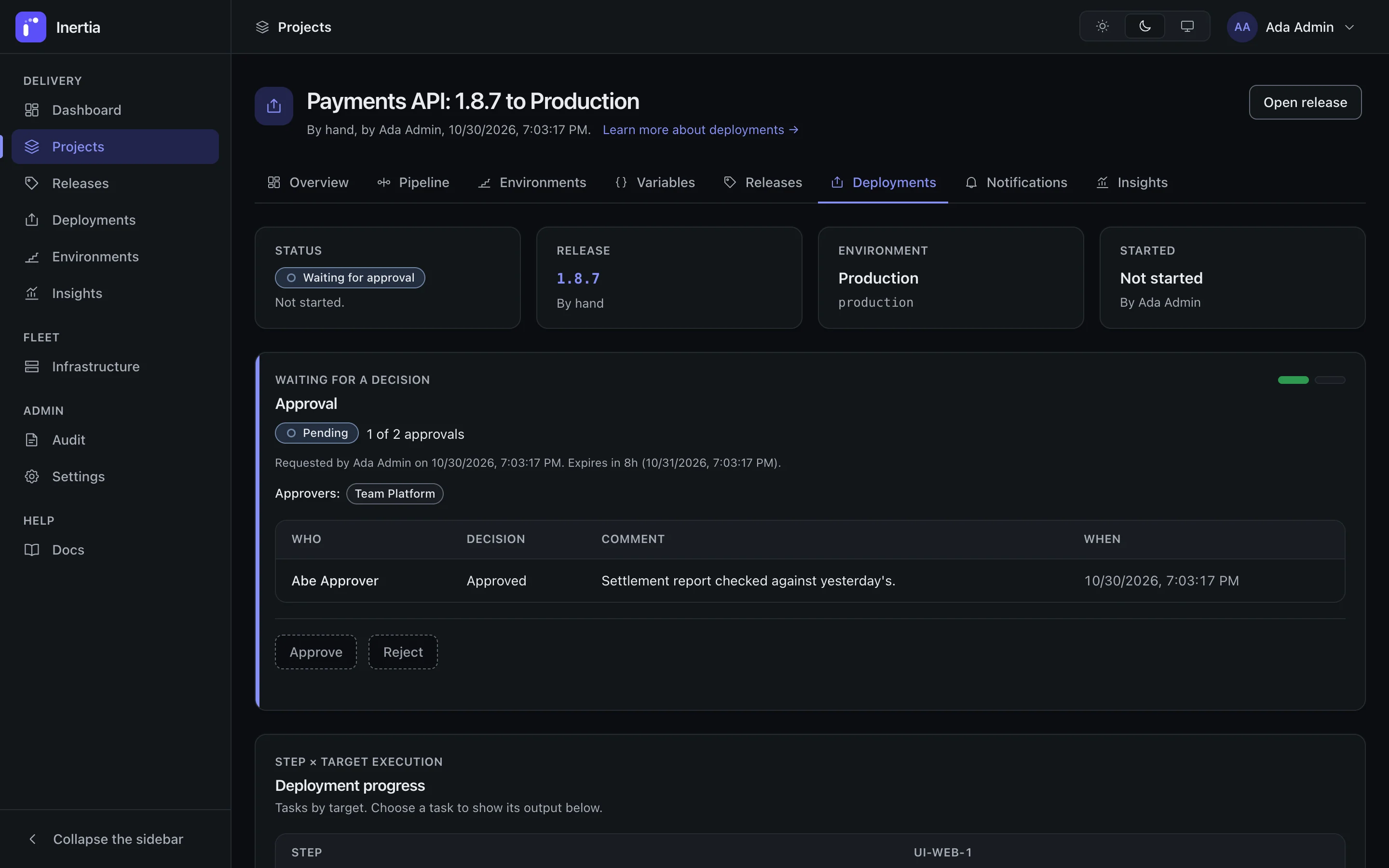 Inertia production deployment waiting for approval: 1 of 2 approvals given, with the approver's comment