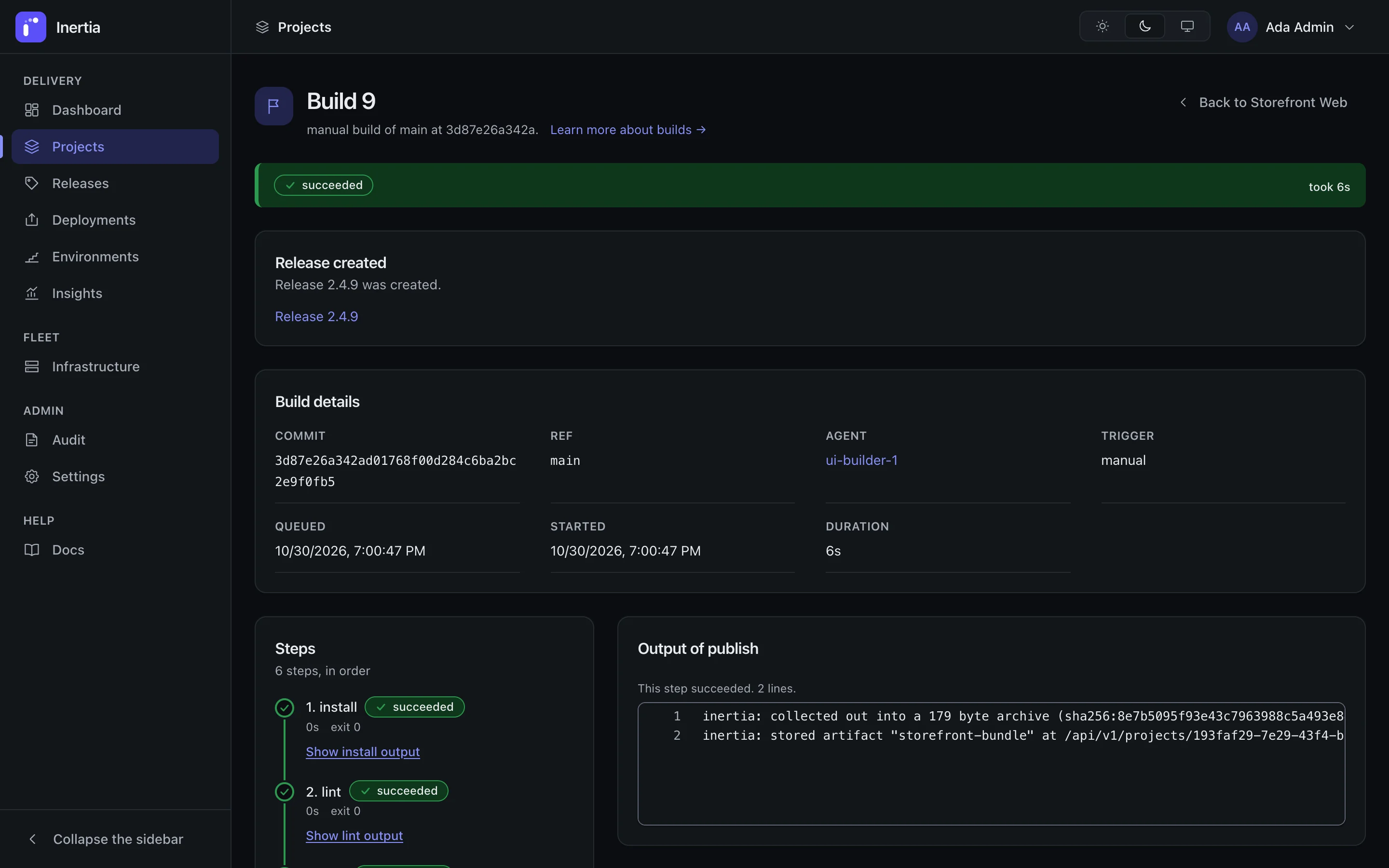 Inertia build detail: commit, branch, builder agent, steps and the release created from the build