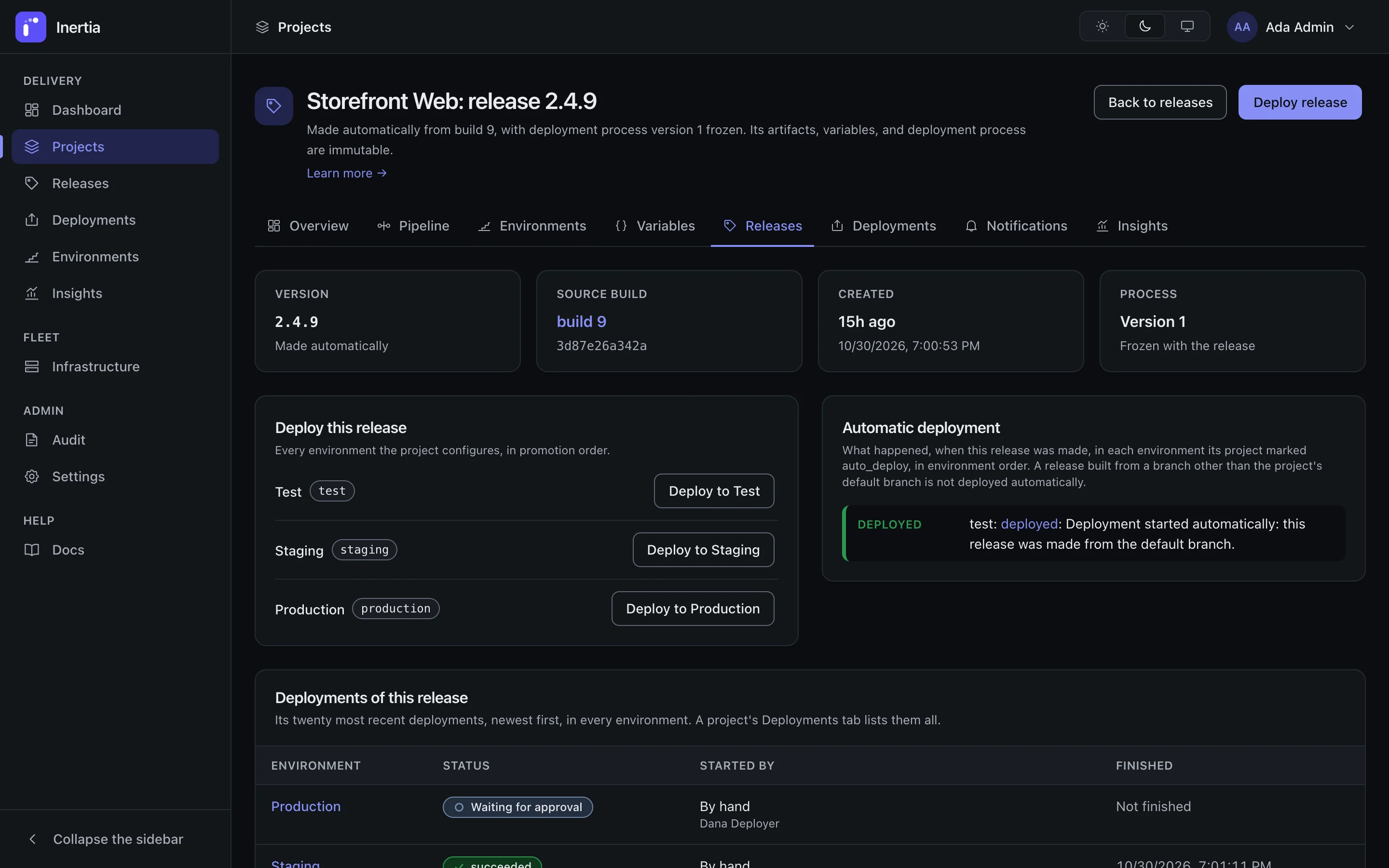 Inertia release 2.4.9: made automatically from a build, deploy buttons per environment in promotion order and the automatic deployment to test