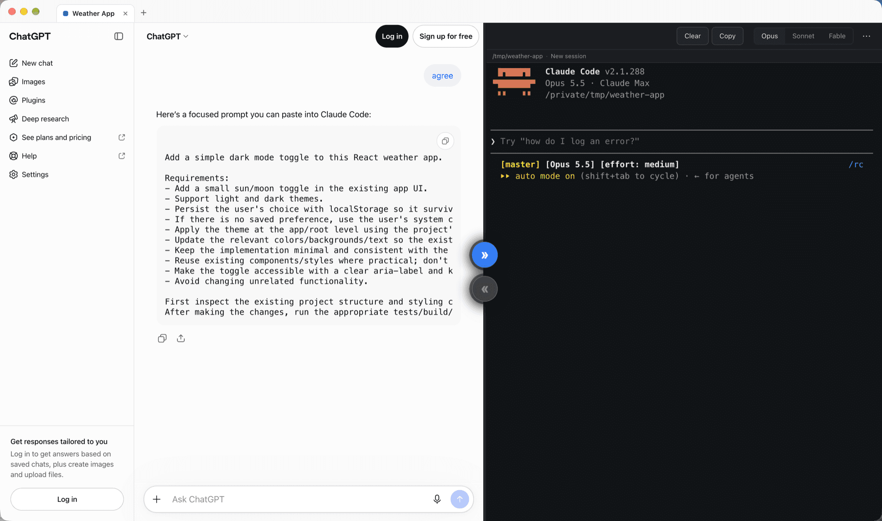 Sidekick: solda ChatGPT sohbeti, sağda Claude Code terminali