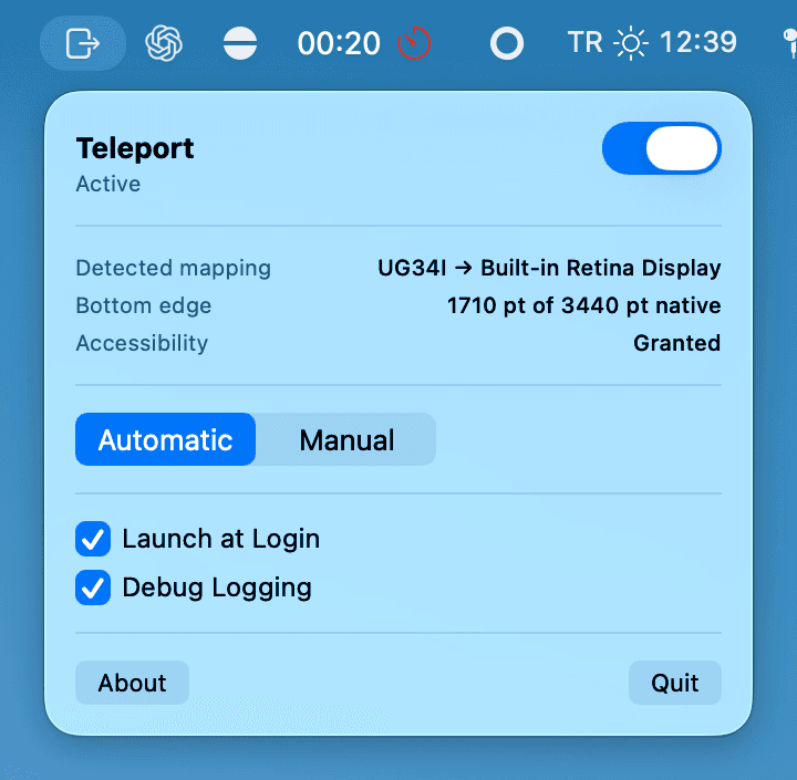 Algılanan ekran eşlemesini gösteren Teleport menü çubuğu paneli