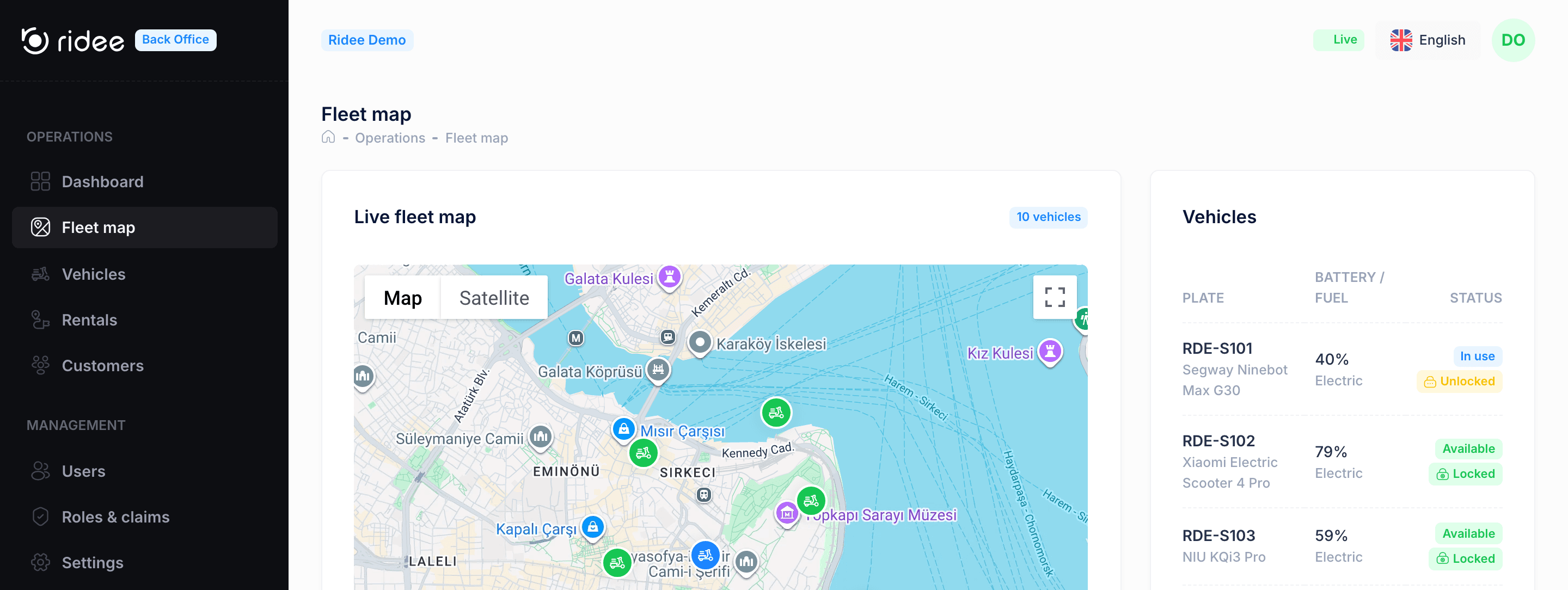 Ridee Management Console fleet map showing vehicle locations and states