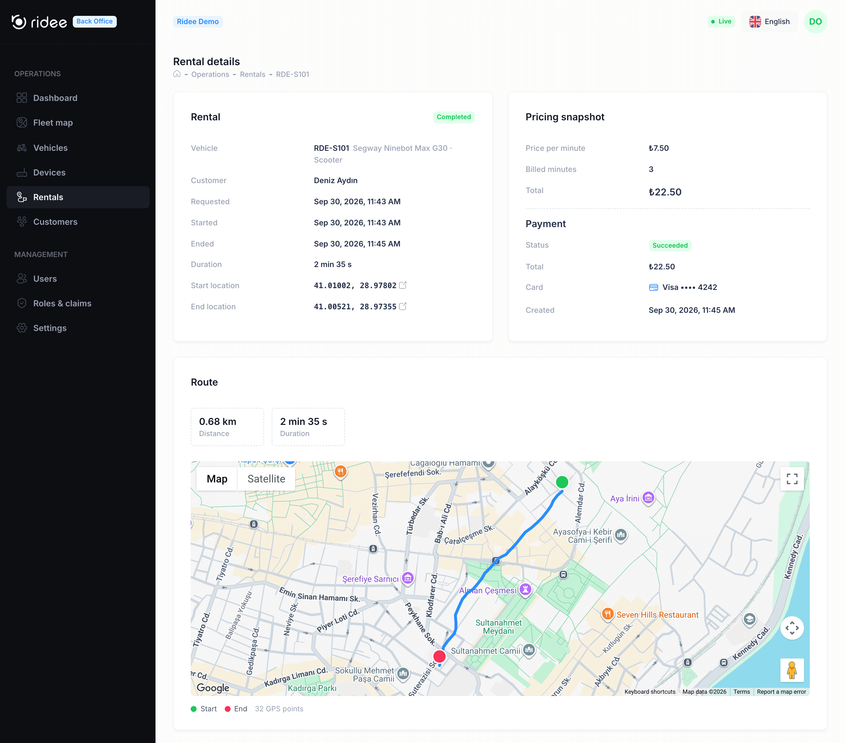 Ridee Management Console rental detail with timing, pricing snapshot, payment status and the route on the map