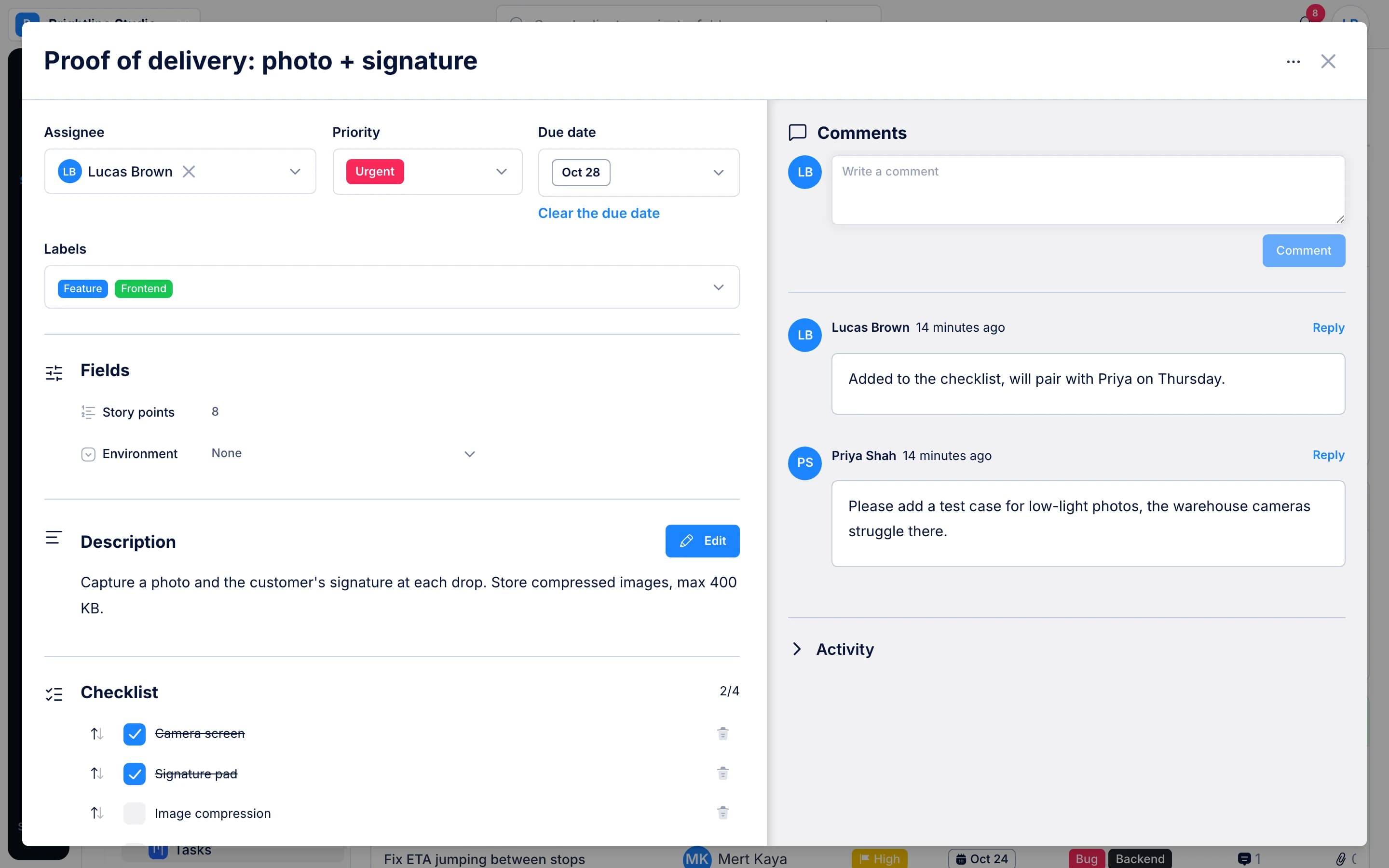 Terra card with assignee, priority, labels, custom fields, checklist and comments