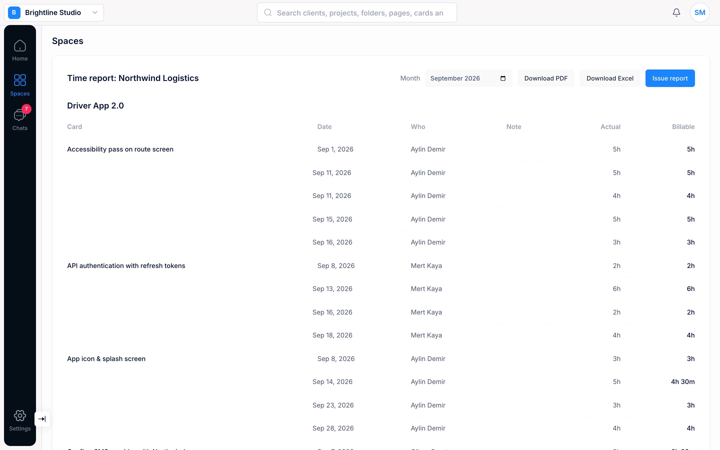 Terra monthly client time report with actual and billable hours