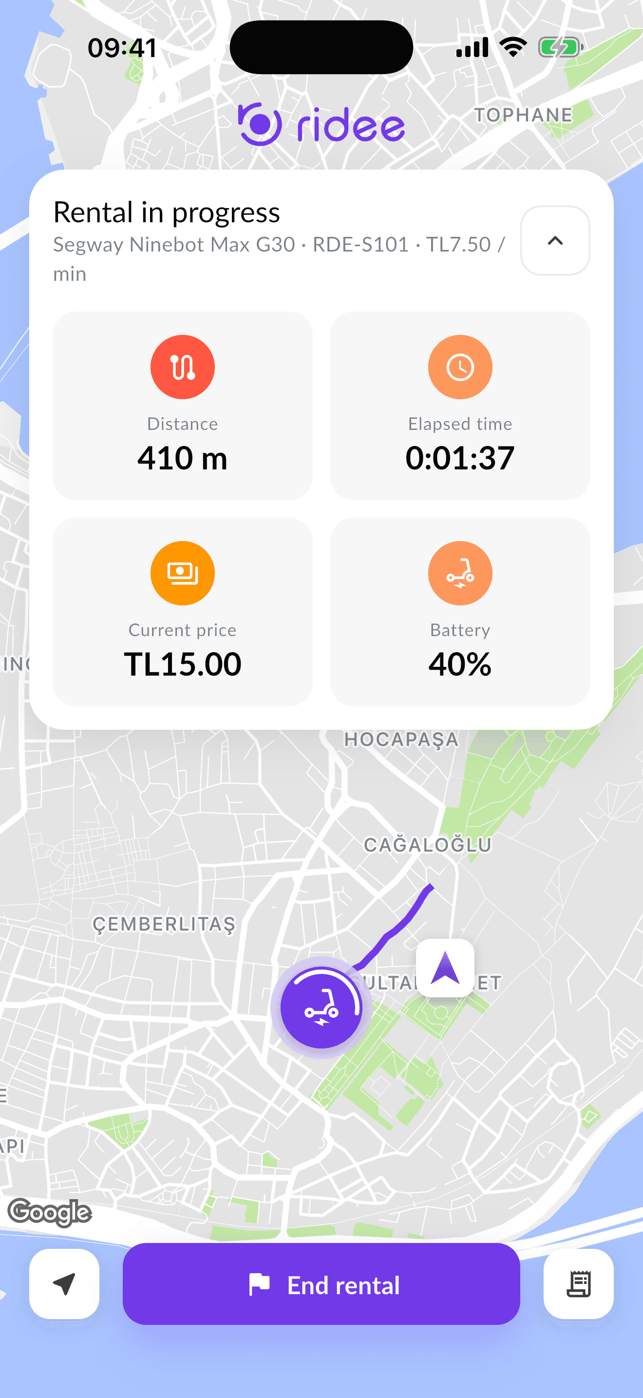 Ridee app active rental with elapsed time and running price