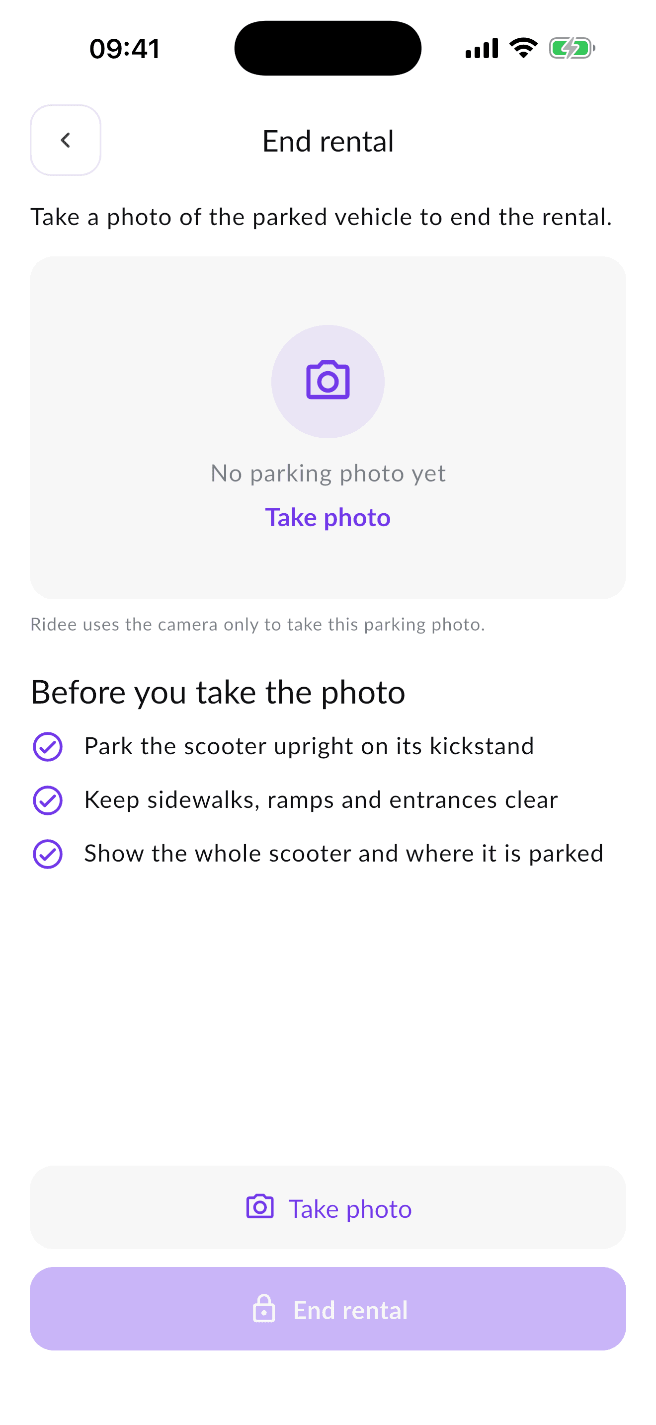 Ridee app end-of-rental photo step