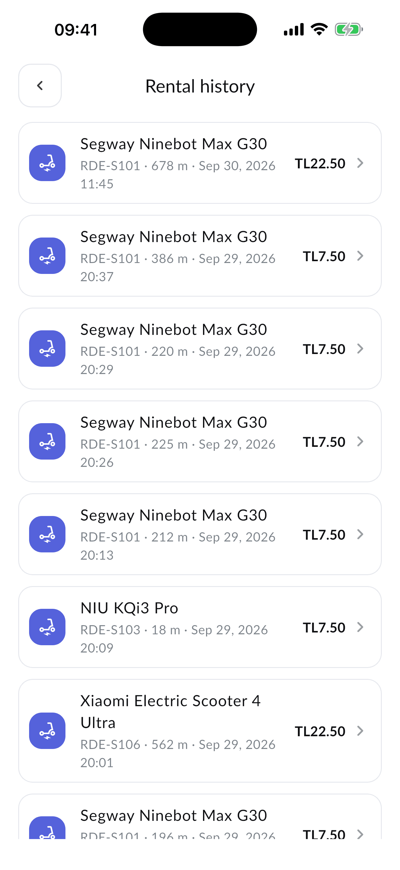 Ridee app rental history list