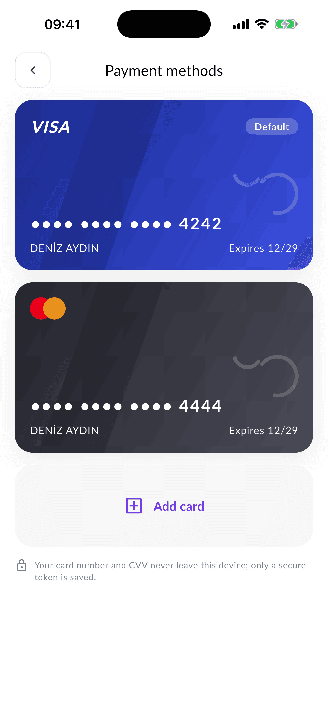 Ridee app saved payment cards