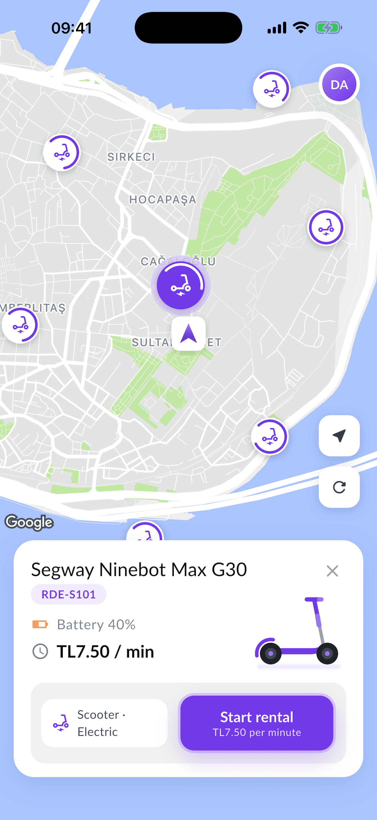Ridee app map with a selected vehicle, its price and the Start rental button